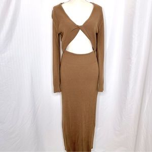 House of Harlow 1960 tan maxi sweater dress cutout long sleeve